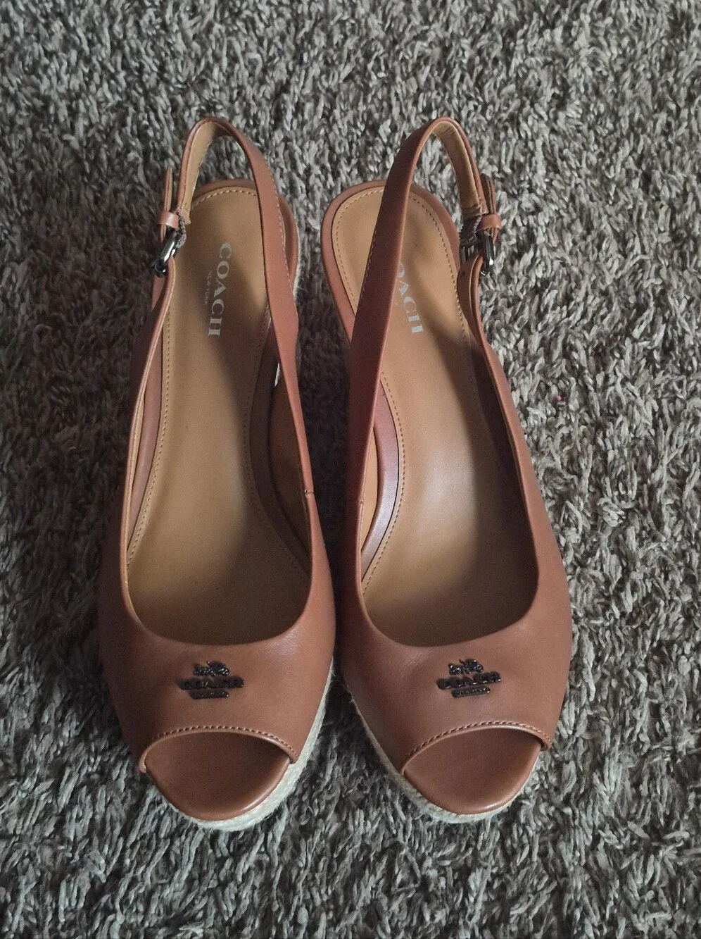 Coach Leather Tan Wedge Slingback Peep-Toe Sandals